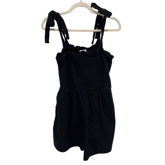 Old Navy Romper Size Small Smocked Ruffle Square Neck Tie Shoulder Black Summer - Picture 2 of 10